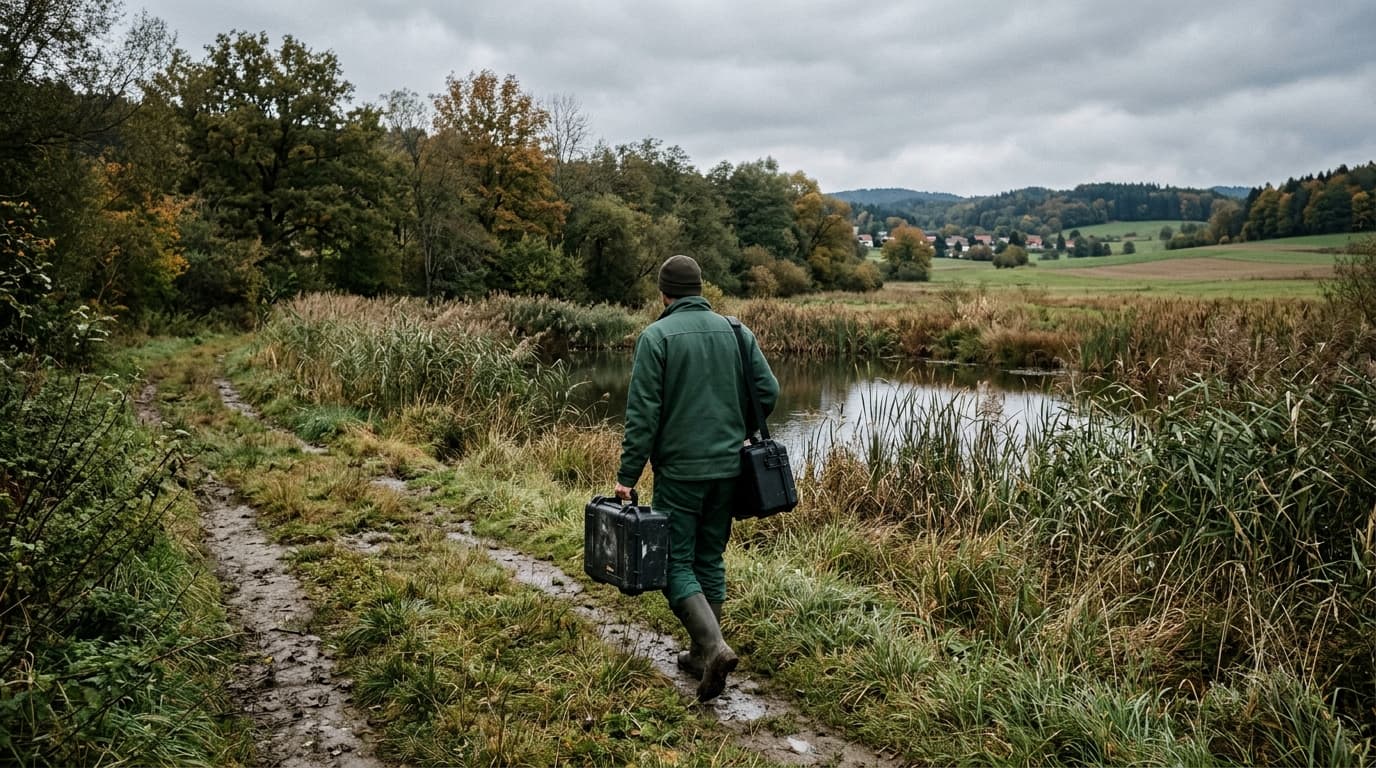 Techniker auf dem Weg zu einem Gewässer mit Ausrüstung für die Ölfilm-Sanierung
