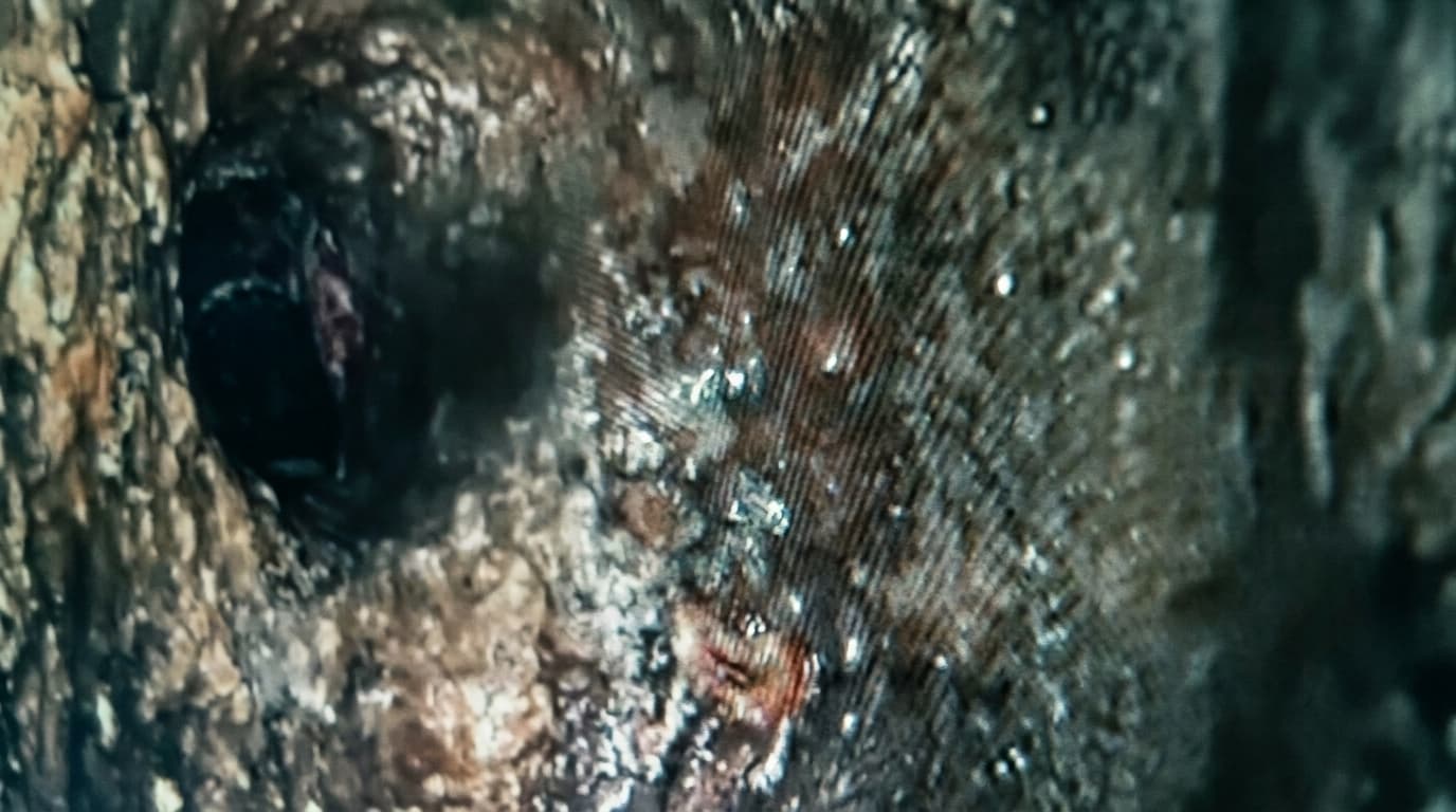 Echte Endoskop-Aufnahme eines stark verschmutzten, jahrelang vernachlässigten Abflussrohrs