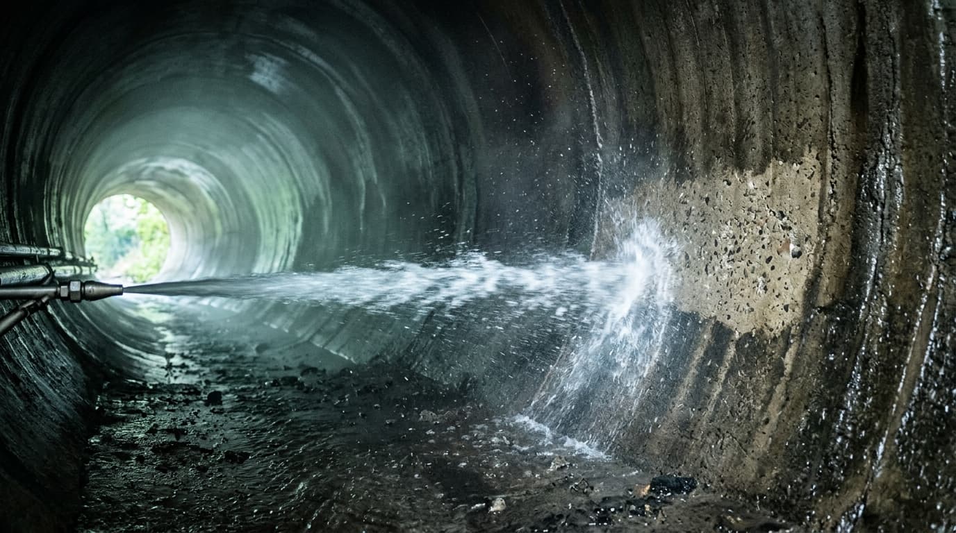 Rohrreinigung mit Wasserstrahl im Kanalrohr